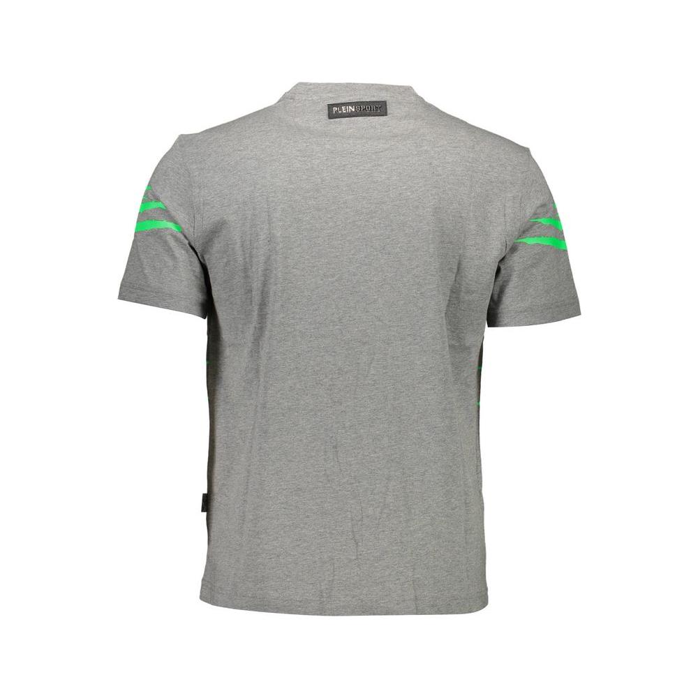 Back view of Plein Sport gray cotton men's t-shirt with green accent stripes, featuring short sleeves and crew neck design.