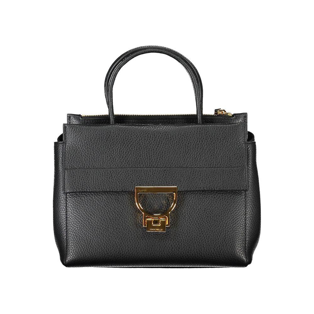 Coccinelle black leather women's handbag with dual handles and gold clasp, showcasing Italian craftsmanship and elegant design.
