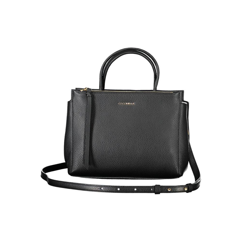 Coccinelle black leather handbag with dual handles and detachable strap, showcasing Italian craftsmanship and sophisticated design.