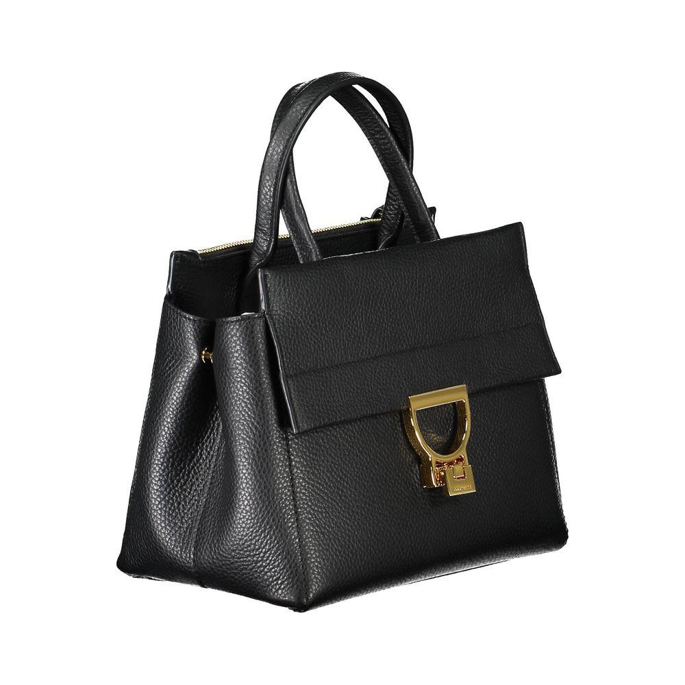 Coccinelle black leather women's handbag with gold buckle, Italian crafted, featuring dual handles and detachable shoulder strap.