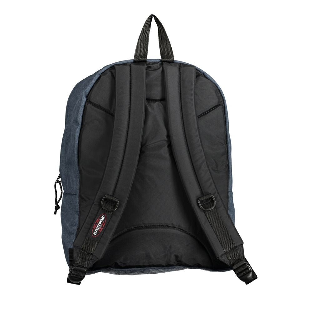 Eastpak Pinnacle blue backpack back view with adjustable straps, recycled materials, and logo, 3 compartments, 38L capacity.