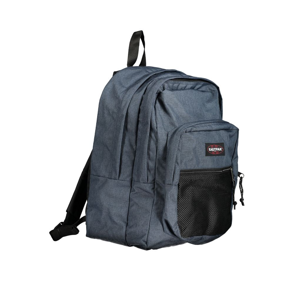 Eastpak blue polyester backpack with adjustable straps, external pocket, three compartments, 38L capacity, and zip closure.