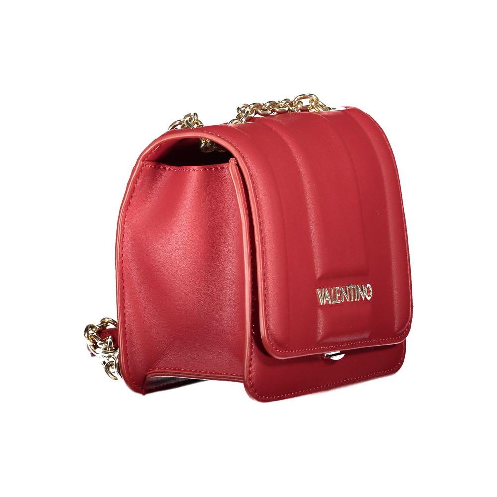 Valentino red polyethylene handbag with gold chain, iconic logo, and contrasting details for a chic style statement.