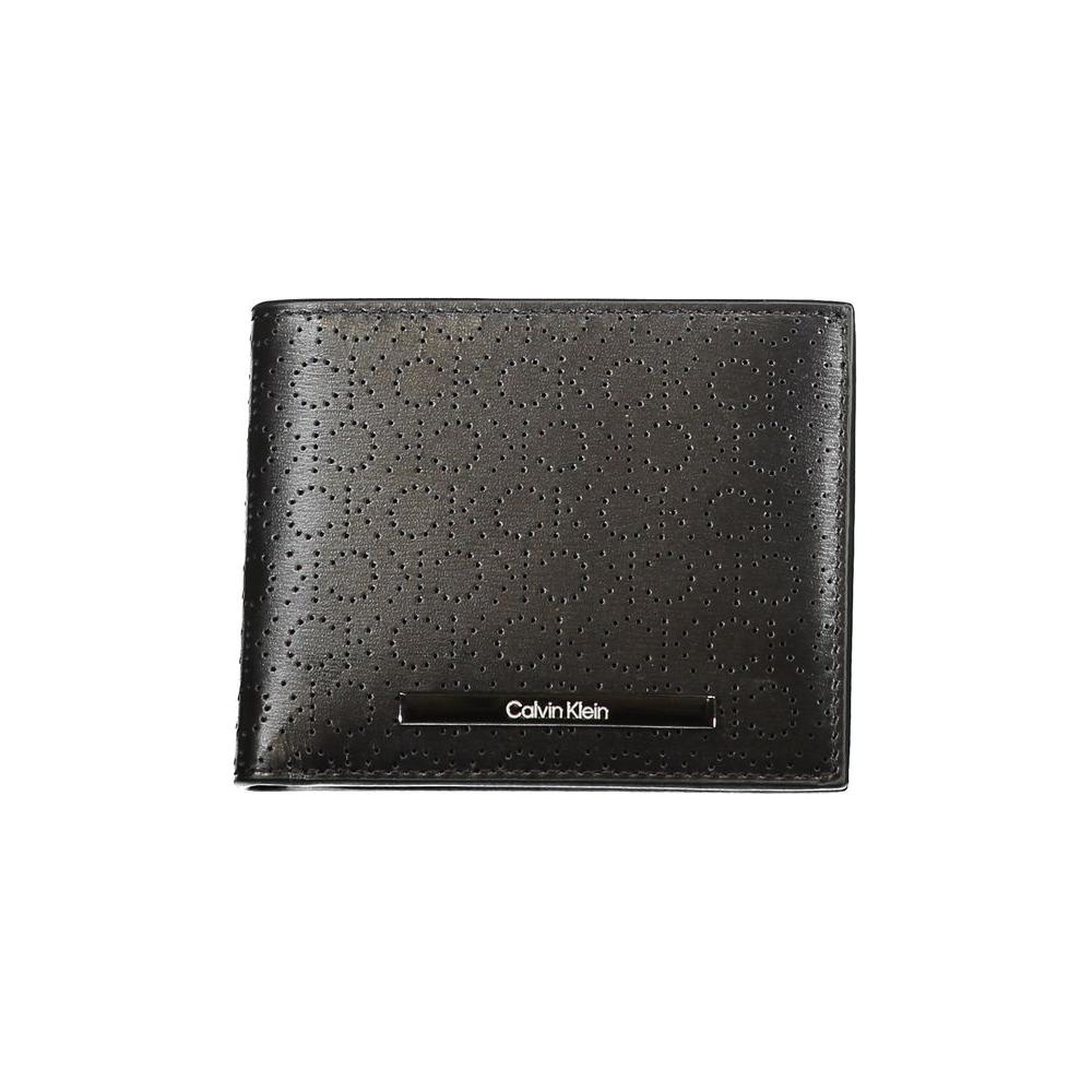 Calvin Klein black leather wallet with RFID blocking, double card spaces, contrast details, and logo embossing.