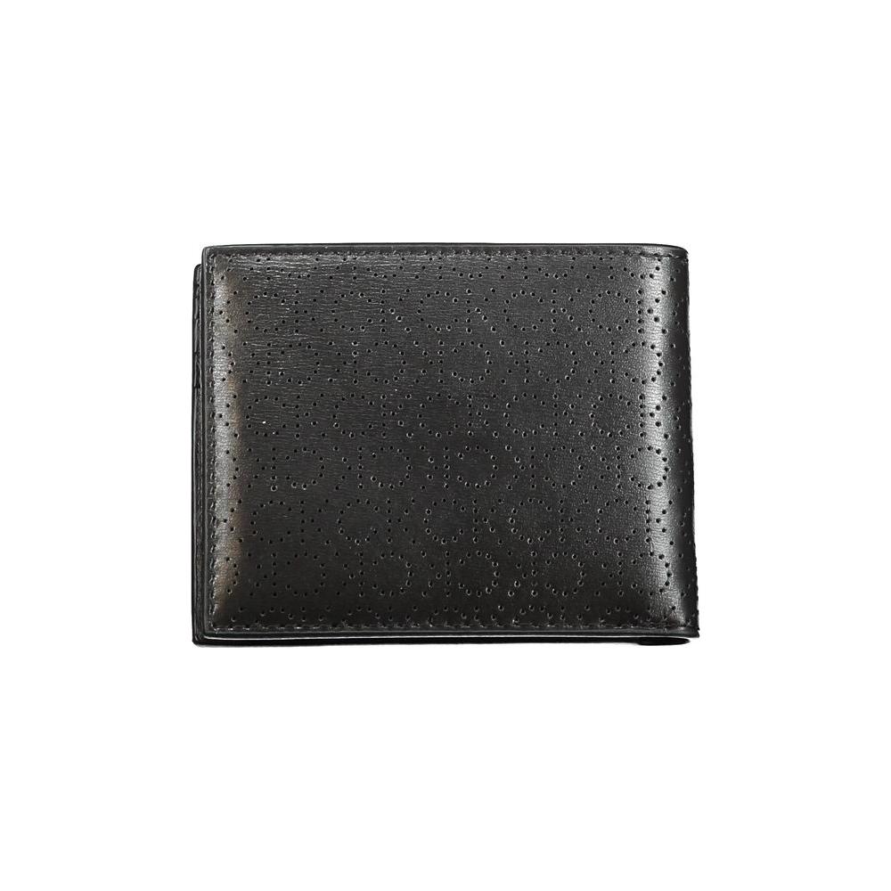 Calvin Klein black leather wallet with double card spaces, RFID blocking, contrast details, embossed logo design.