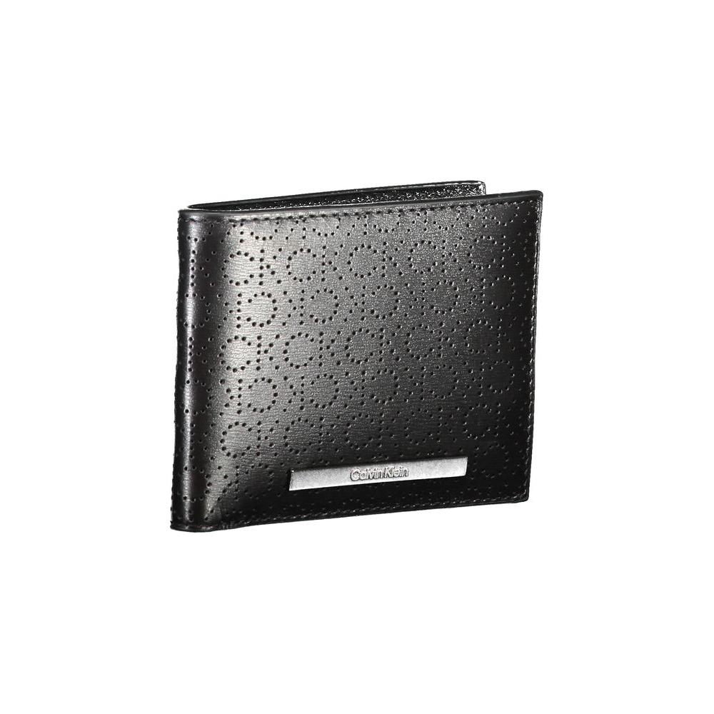 Calvin Klein black leather wallet with RFID blocking, card slots, contrast details, and logo embossing.