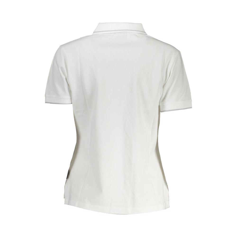 Back view of Napapijri White Cotton Women's Polo Shirt, showcases short sleeves and tailored fit, made from breathable 100% cotton.