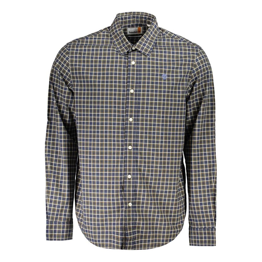 Men's Timberland blue tartan cotton shirt with long sleeves, regular fit, Italian collar, and logo embroidery.