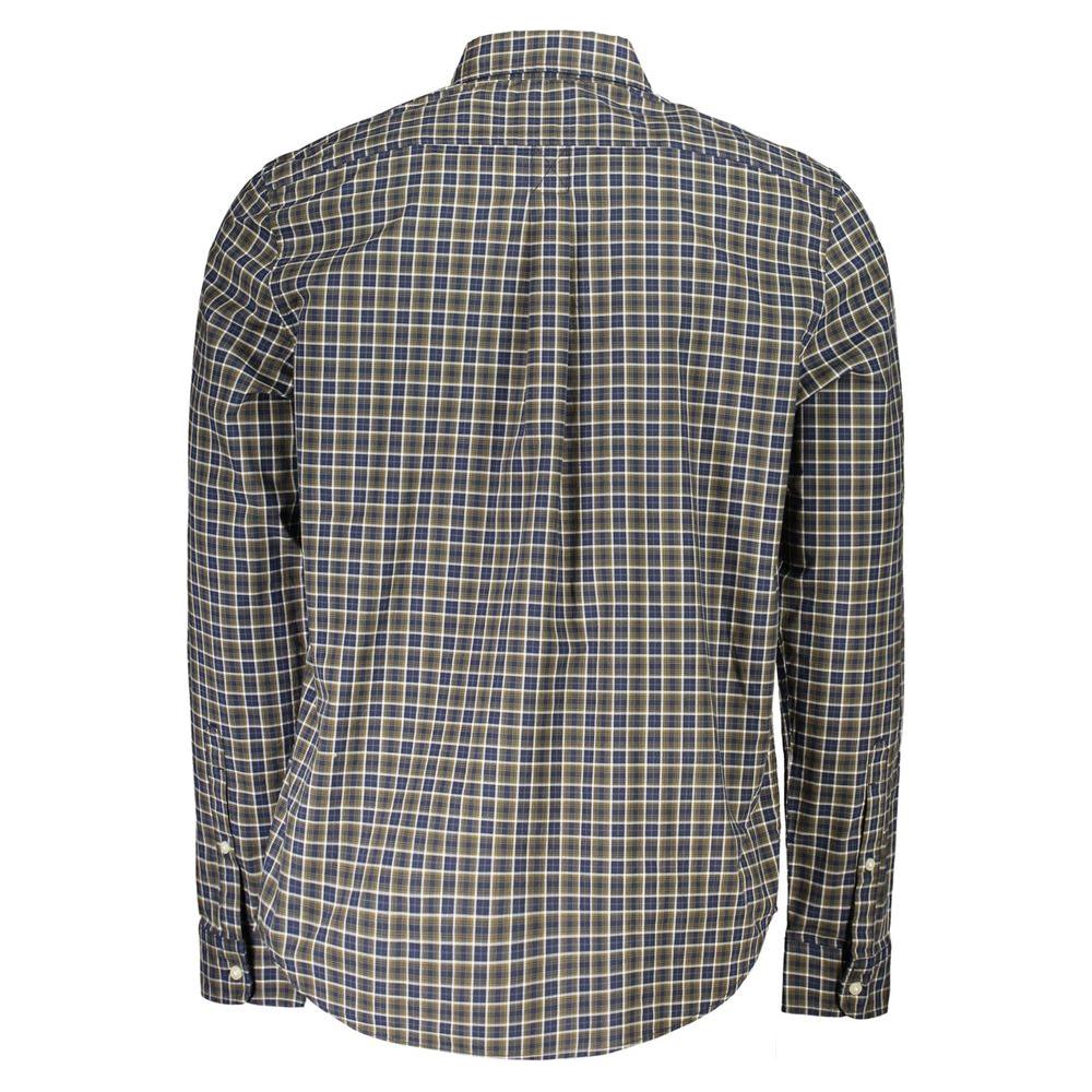 Back view of Timberland blue tartan cotton shirt with long sleeves, Italian collar, regular fit, and button cuffs