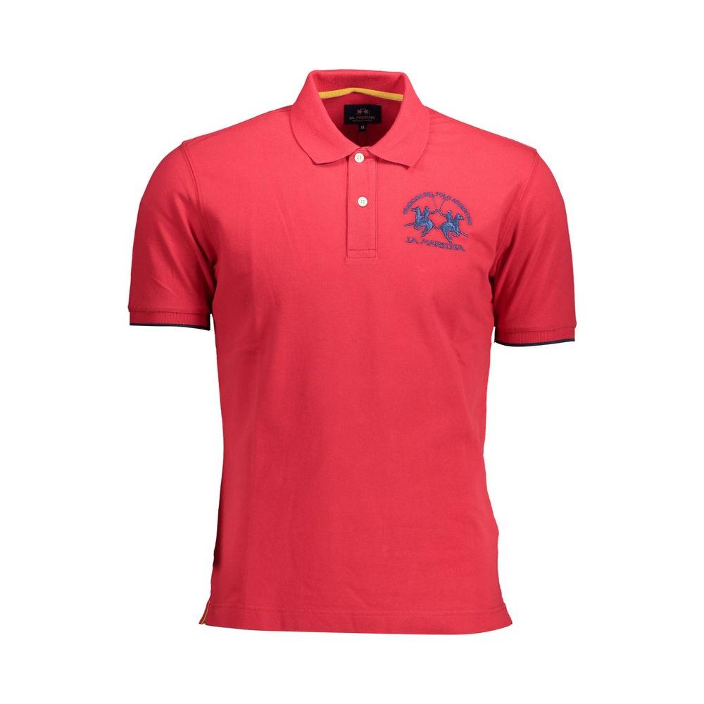 La Martina red cotton men's polo shirt with 2-button design and blue embroidery, crafted for style and comfort.