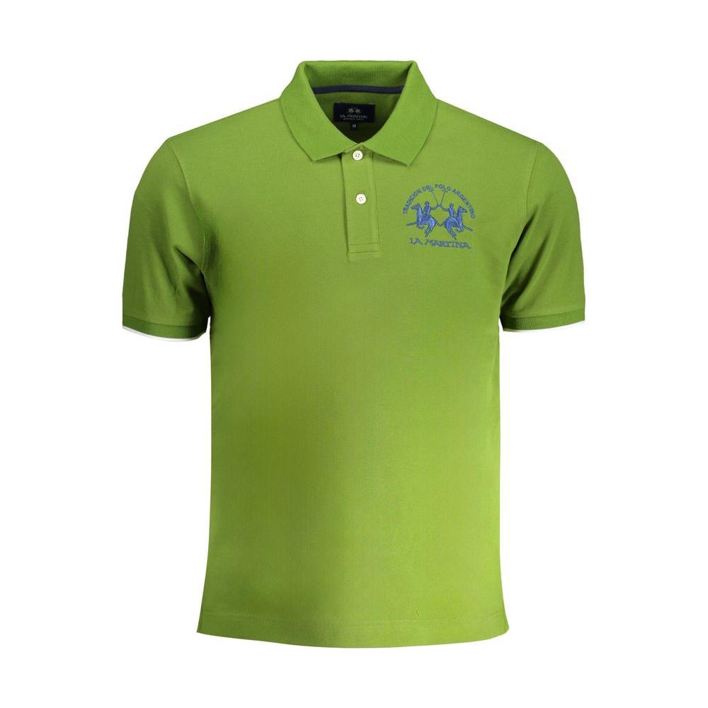 La Martina green cotton polo shirt with short sleeves, regular fit, 2 buttons, contrast details, and embroidered logo.