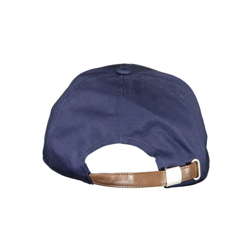 Back view of La Martina blue cotton men's cap with adjustable brown strap.