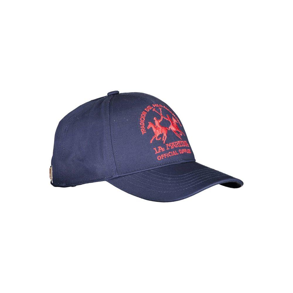 La Martina blue cotton men's cap with red logo embroidery and sporty design, showcasing style and comfort for casual or athletic wear.