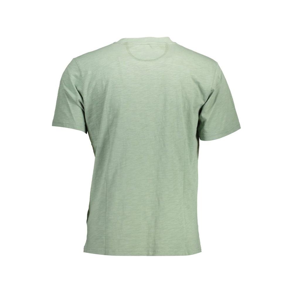 La Martina green cotton men’s t-shirt, short-sleeved, round neck, with embroidered logo and pocket, back view.