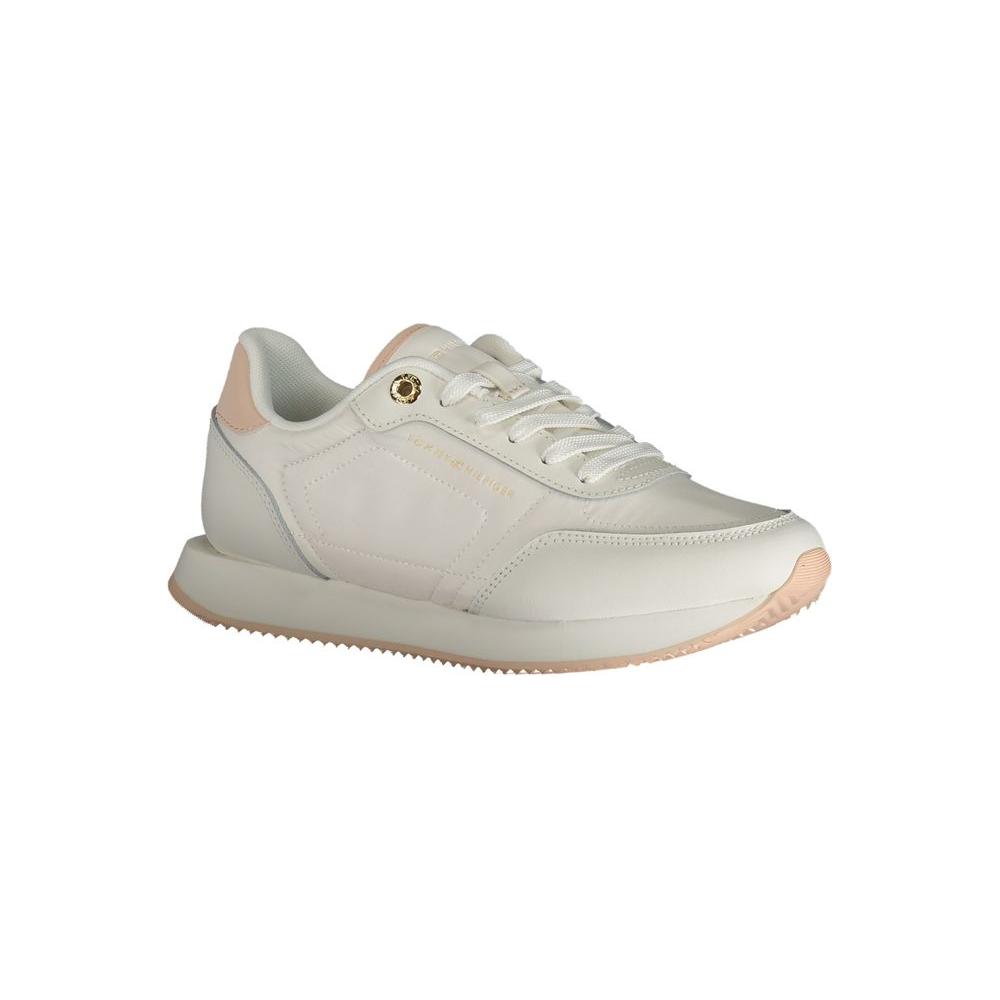 Tommy Hilfiger white polyester sneakers with laces, contrast details, and logo. Stylish sports footwear for active lifestyle.