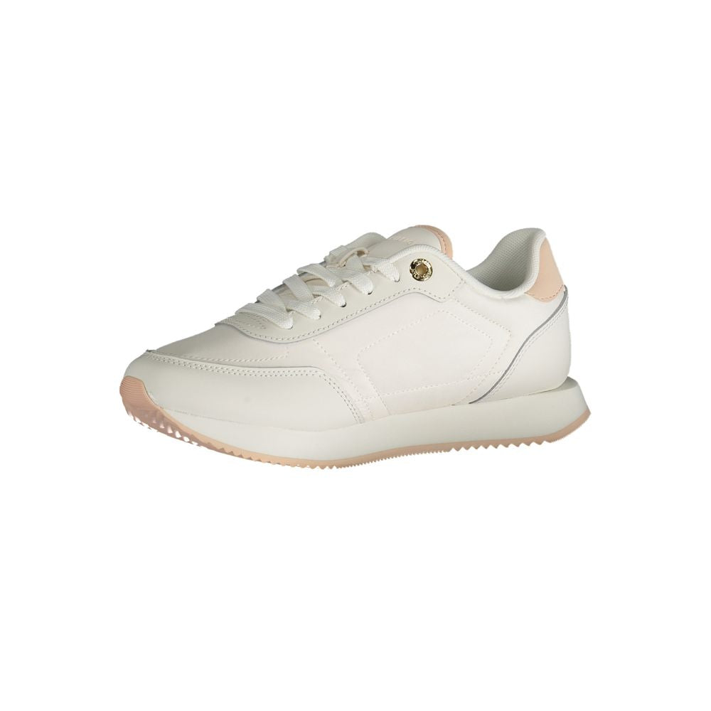 Tommy Hilfiger white polyester sneaker with laces, featuring contrast details and logo, ideal sports footwear.