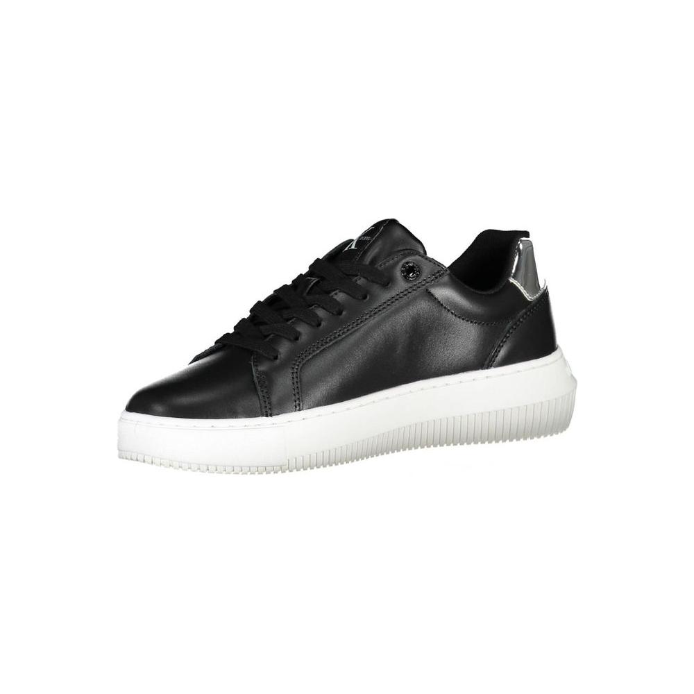 Calvin Klein Black Leather Women Sneaker with eco-friendly 20% recycled material, bold design, and contrasting details.