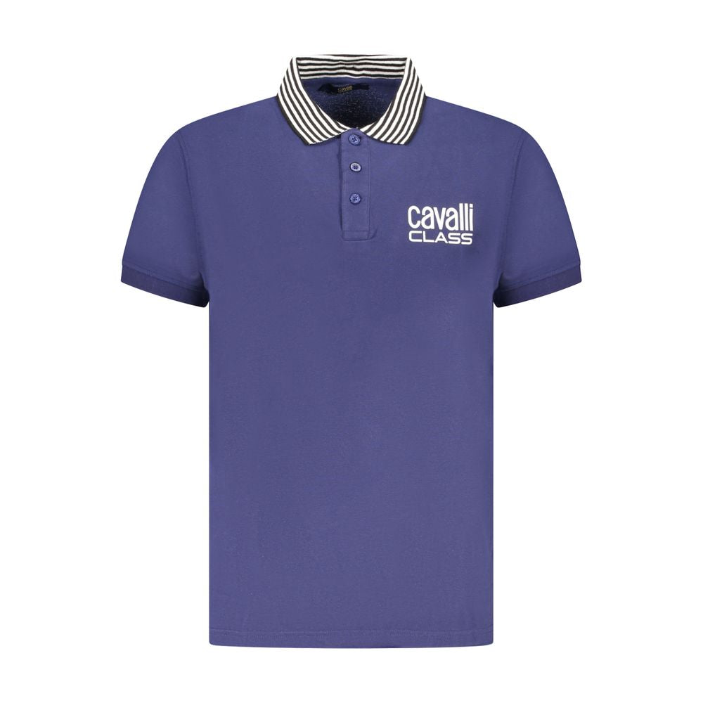 Cavalli Class blue cotton polo shirt for men with contrasting collar, short sleeves, and logo on chest, showcasing refined, stylish design.