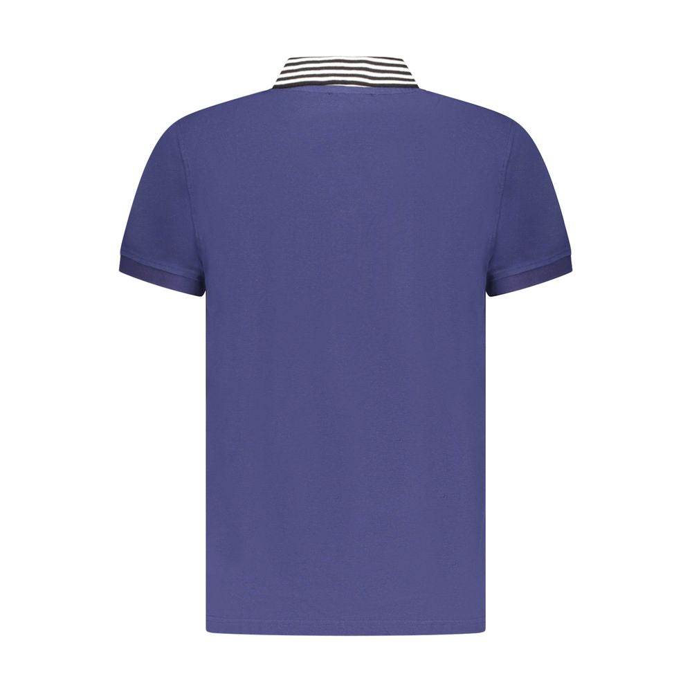 Back view of Cavalli Class blue cotton men's polo shirt with striped collar, showcasing premium design and comfort.