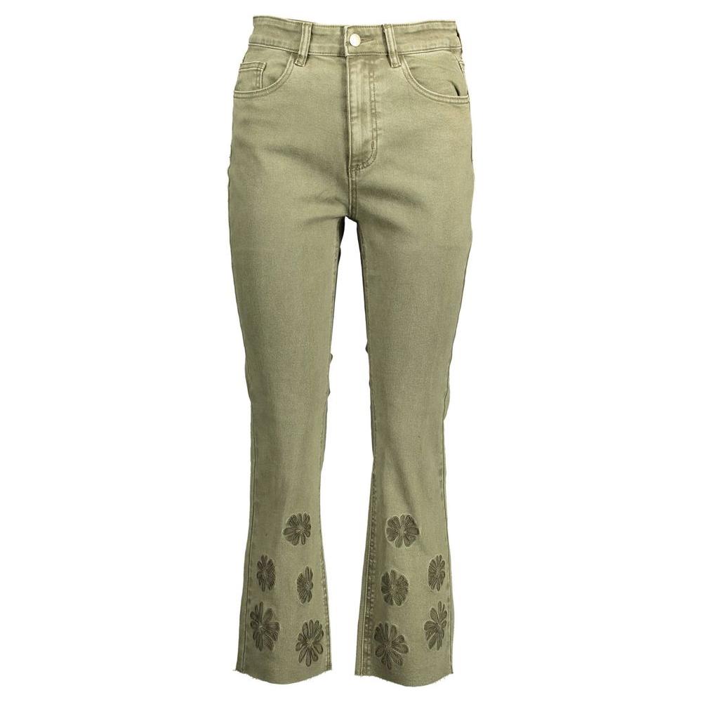 Desigual green cotton women's jeans with floral embroidery, 5-pocket style, button and zip closure, durable with stretch, 98% cotton.