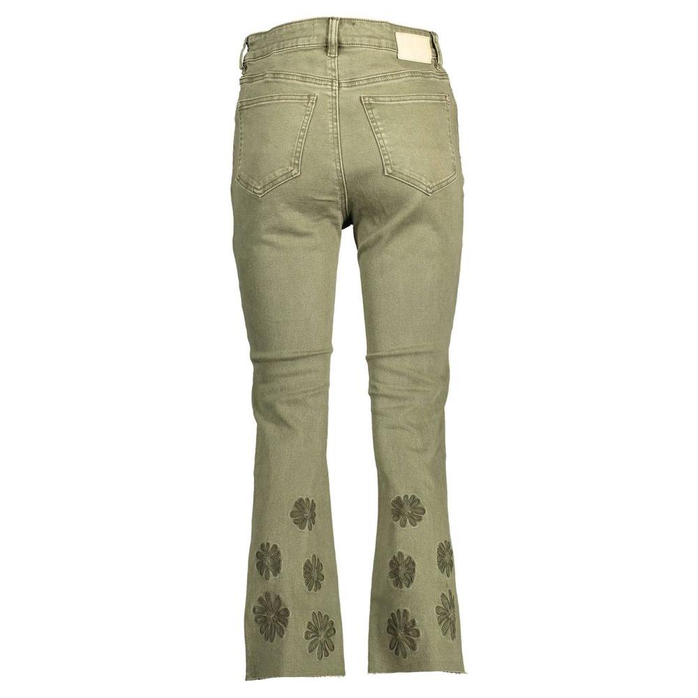 Back view of Desigual green women’s jeans with floral embroidery on legs, made from 98% cotton, featuring 5-pocket design.