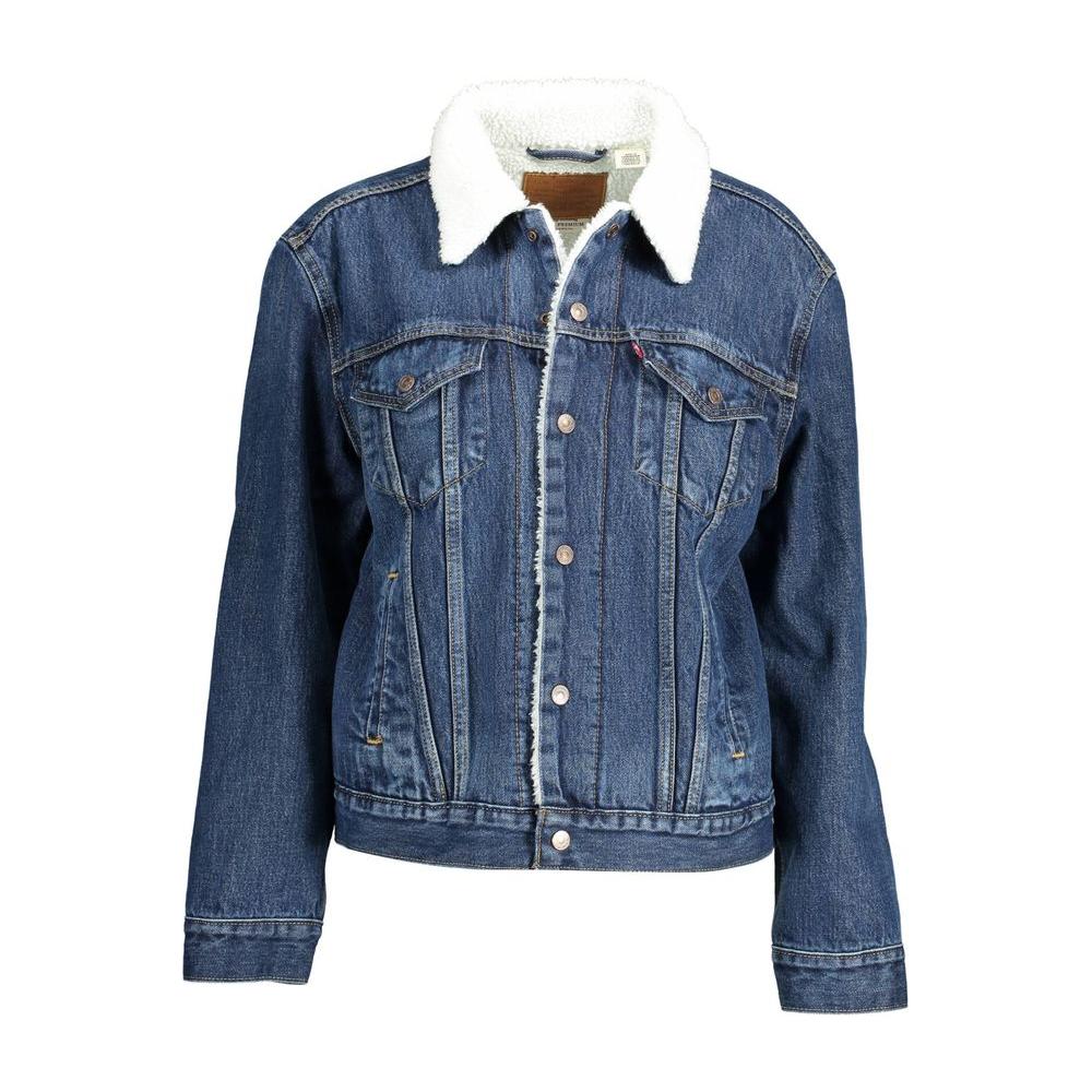 Levi's Blue Cotton Women's Jacket with Fur Collar, Featuring Iconic Snaps for Rugged Style and Timeless Sophistication.