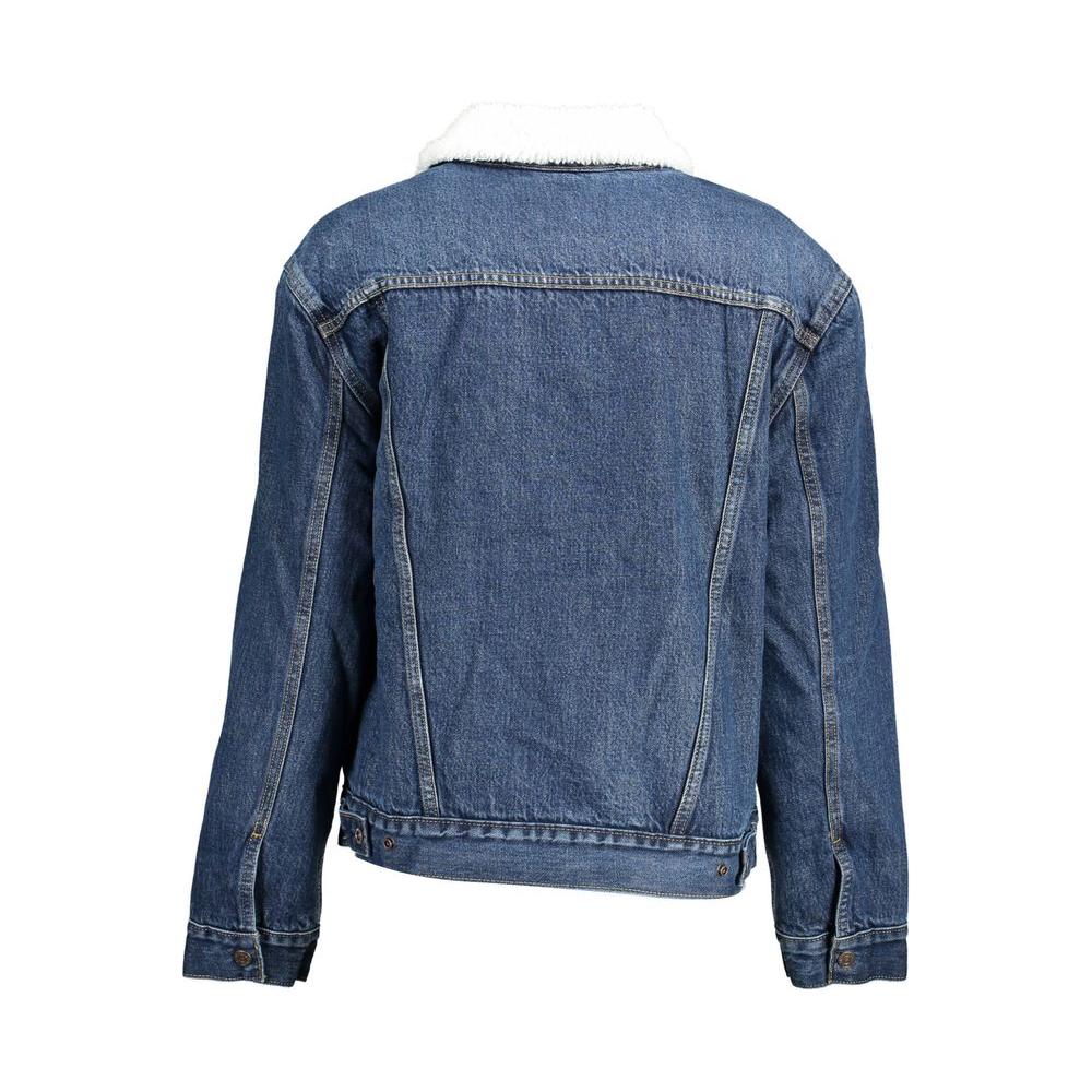 Back view of Levi's blue denim jacket featuring a plush fur collar and classic design, showcasing rugged sophistication and style for women.