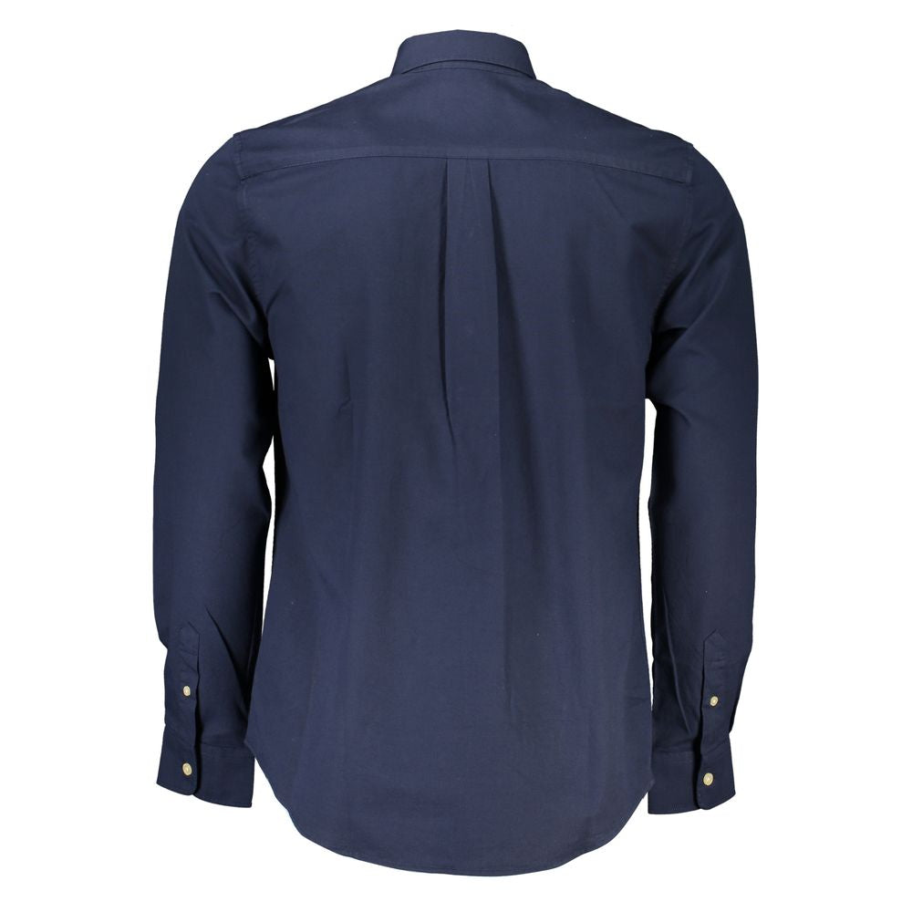 Back view of a North Sails blue cotton men's shirt with a button-down collar, showcasing long sleeves and eco-friendly material.