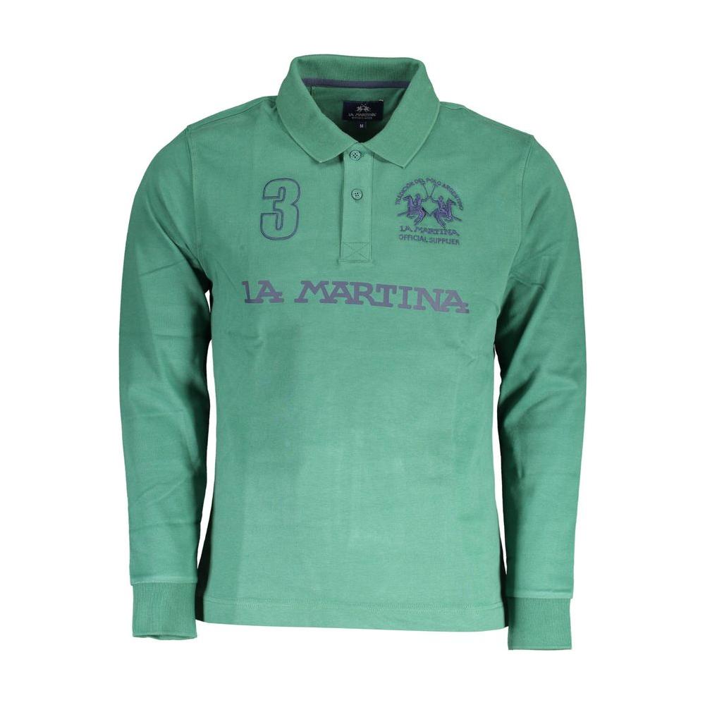 La Martina Green Cotton Men Polo Shirt with long sleeves, iconic embroidery, and logo detail. 100% Cotton for comfort and durability.