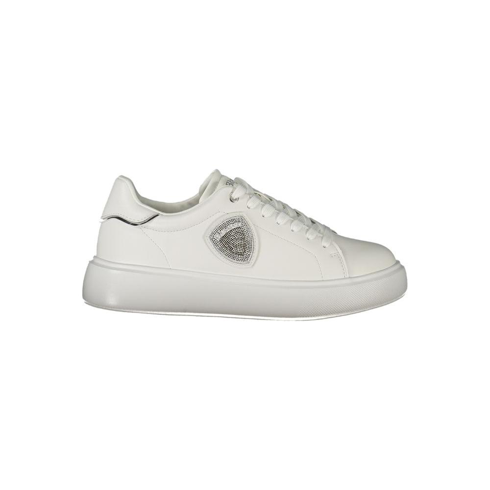Blauer white leather women sneaker with silver rhinestone accents and Blauer logo, offering sporty allure and personalized comfort.