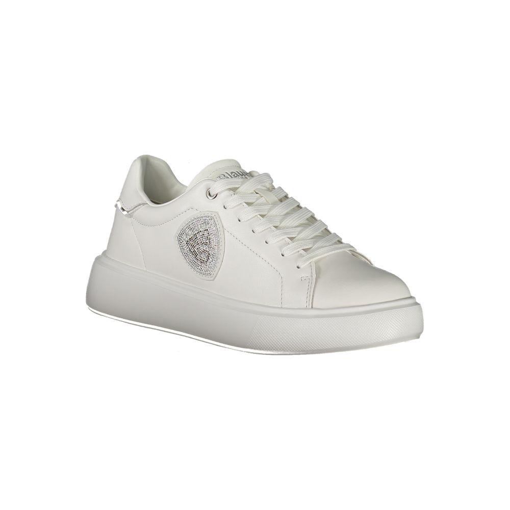 Blauer white leather women's sneaker with silver rhinestone accents, removable insole, and Blauer logo for stylish comfort.