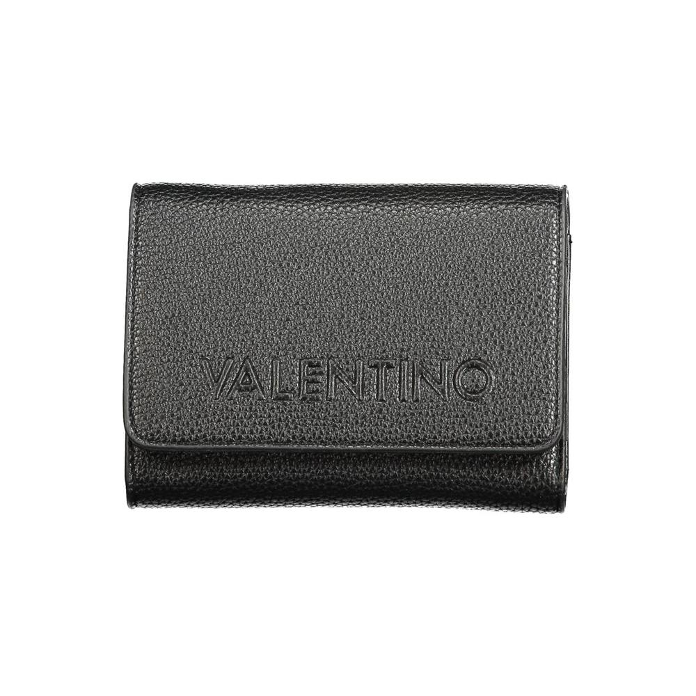 Valentino black polyethylene wallet with three compartments, coin purse, card spaces, and recycled materials, featuring logo design.