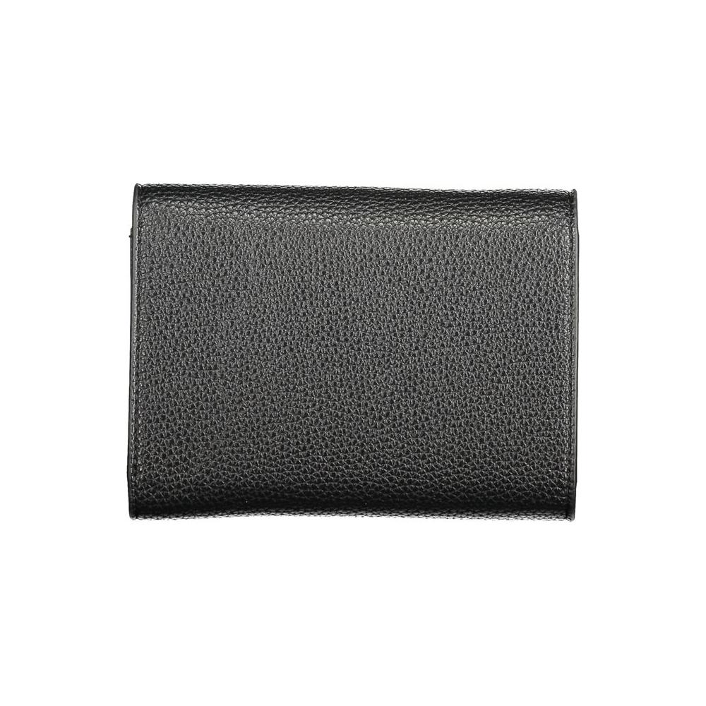 Valentino black polyethylene wallet featuring three compartments, coin purse, card spaces, zip and automatic closure, and logo.