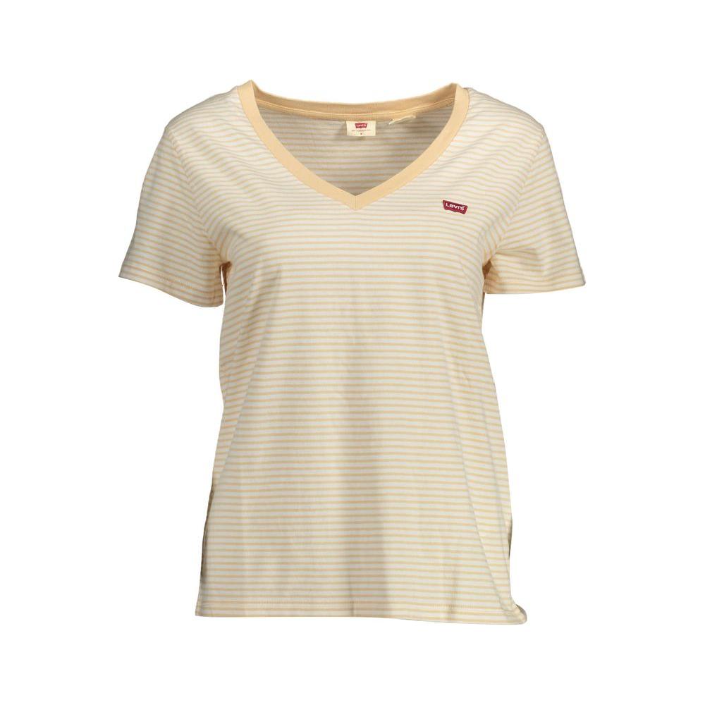 Levi's beige cotton women's V-neck t-shirt with short sleeves and logo, made from eco-friendly organic material.