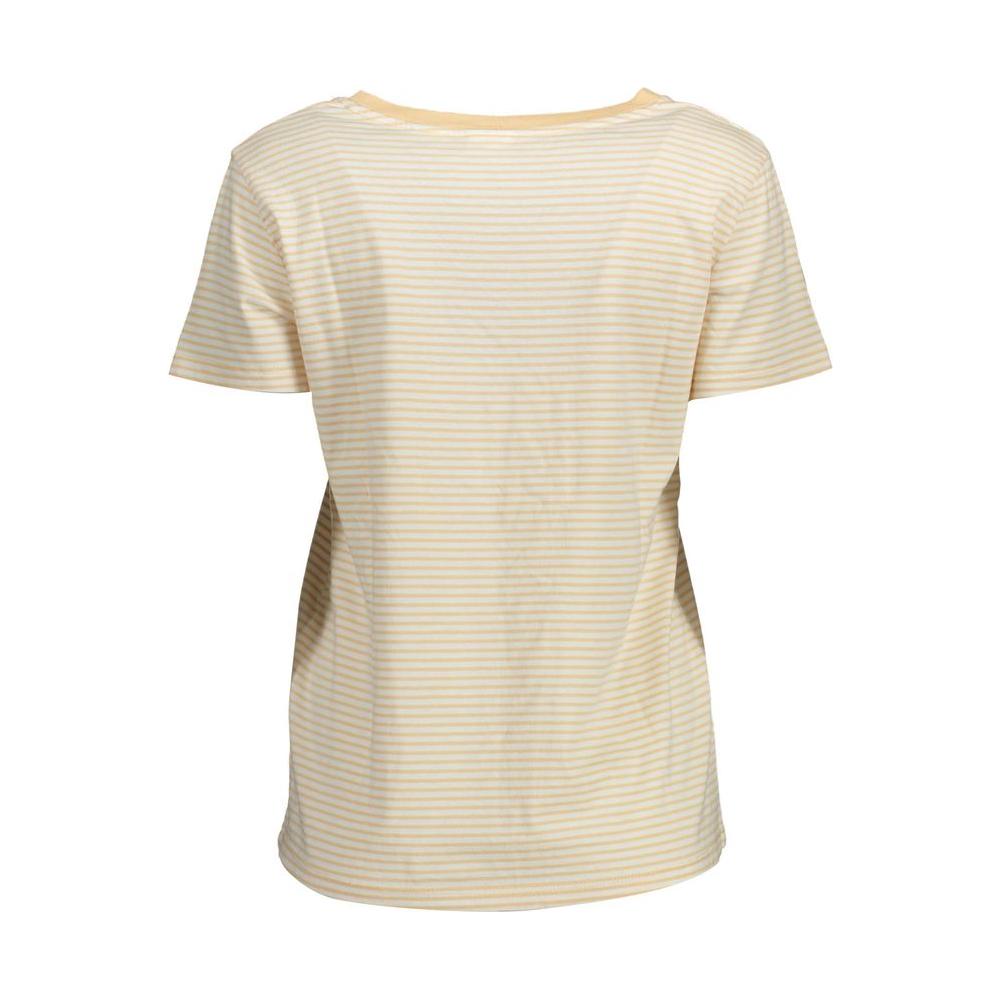 Back view of Levi's beige striped cotton women's t-shirt, featuring short sleeves and eco-friendly organic cotton material.