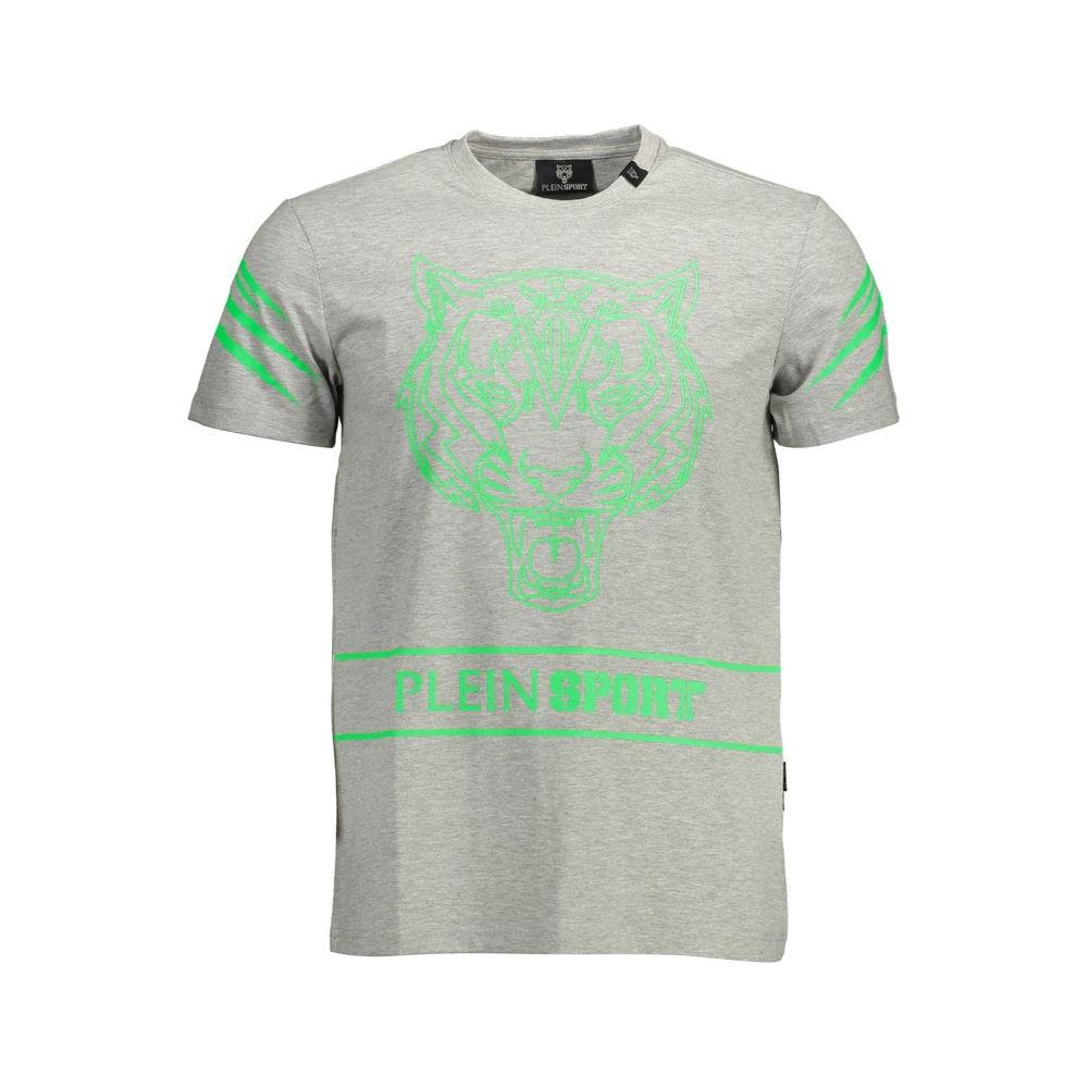 Plein Sport gray cotton men's t-shirt with neon tiger print and logo, crew neck, short sleeves, contrasting details, made in Italy.