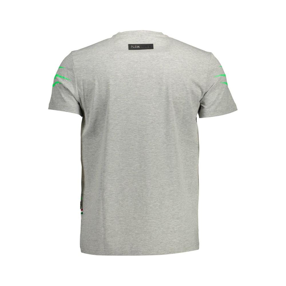 Back view of Plein Sport Gray Cotton Men T-Shirt featuring a classic crew neck and bold green accents.