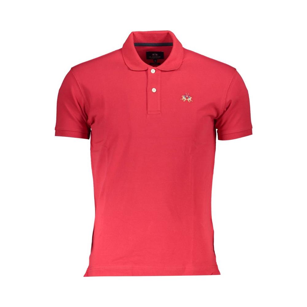 La Martina red cotton men's polo shirt with signature embroidery, slim fit, short sleeves, made from 95% cotton and 5% elastane.