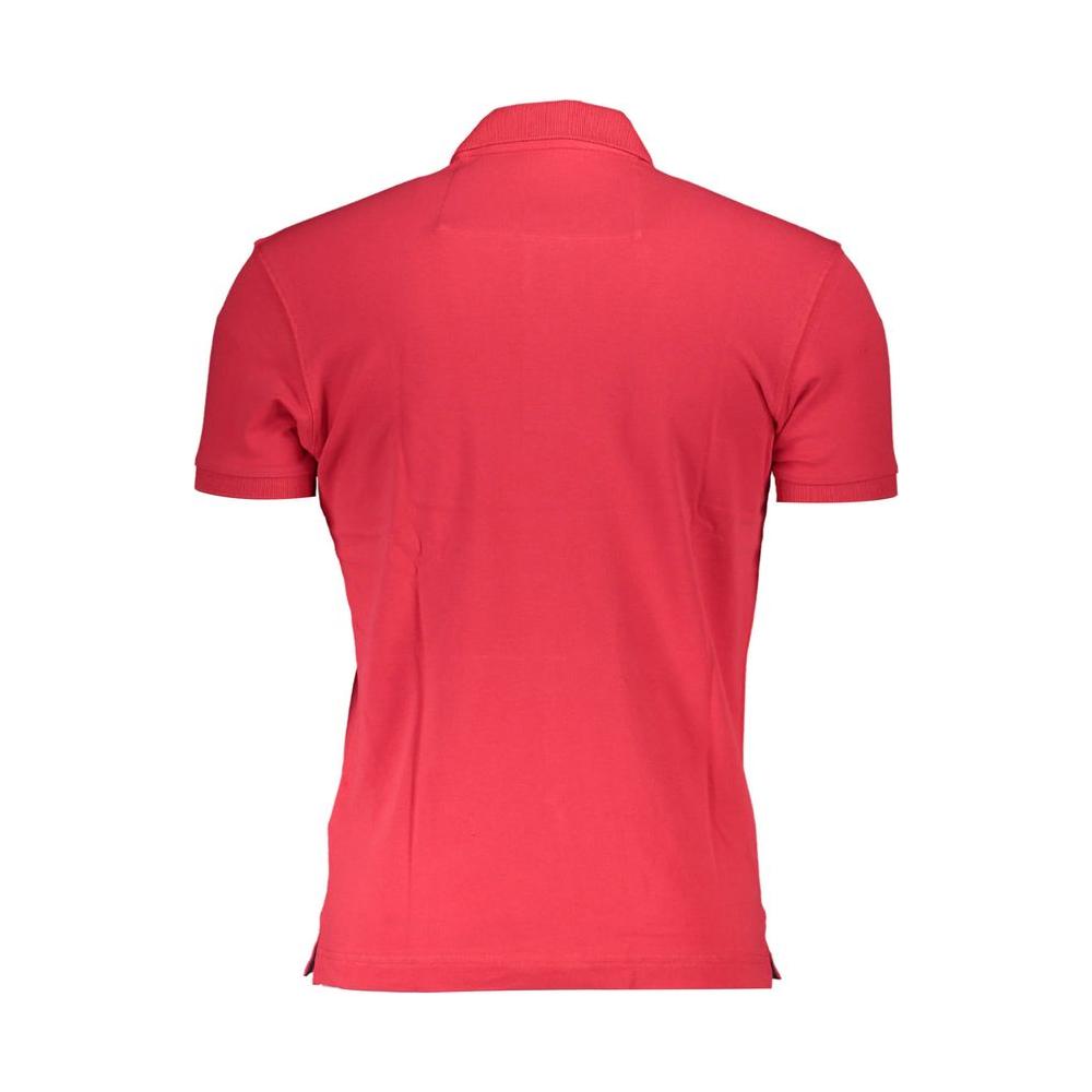 Back view of La Martina red cotton men’s polo shirt with short sleeves, featuring a slim fit and premium stretch material.