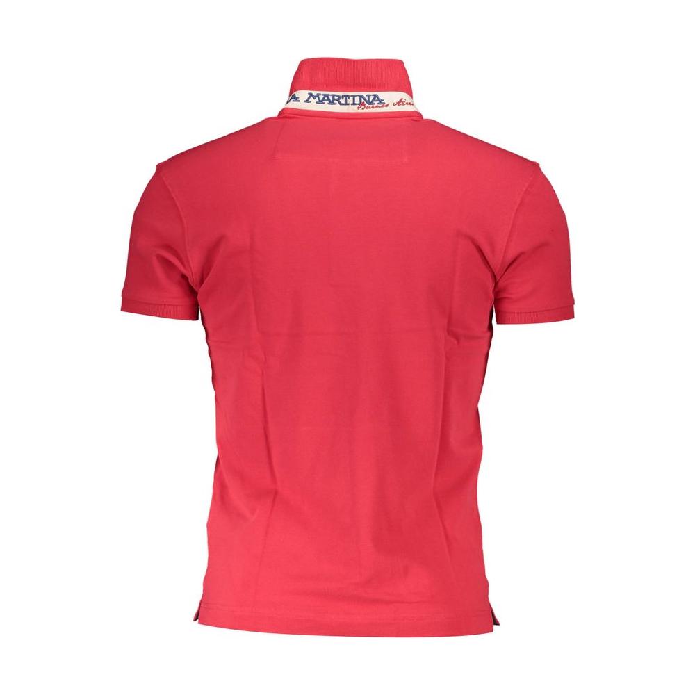 Back view of La Martina red cotton men's polo shirt with signature embroidery, slim fit design, short sleeves, and contrasting details.
