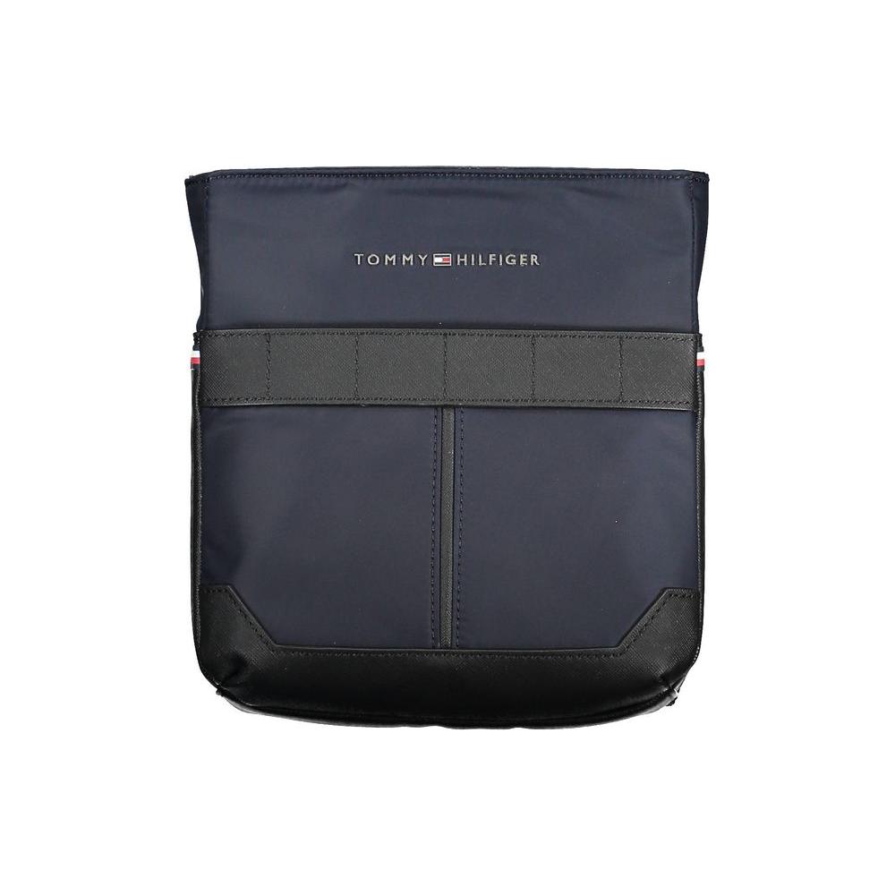 Tommy Hilfiger blue polyester men's shoulder bag with adjustable strap, two external pockets, internal pocket, and iconic logo