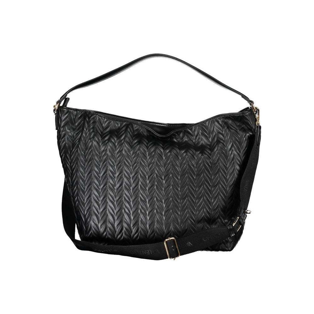 Valentino black polyethylene handbag with one handle, adjustable strap, removable pochette, phone holder, and logo details.