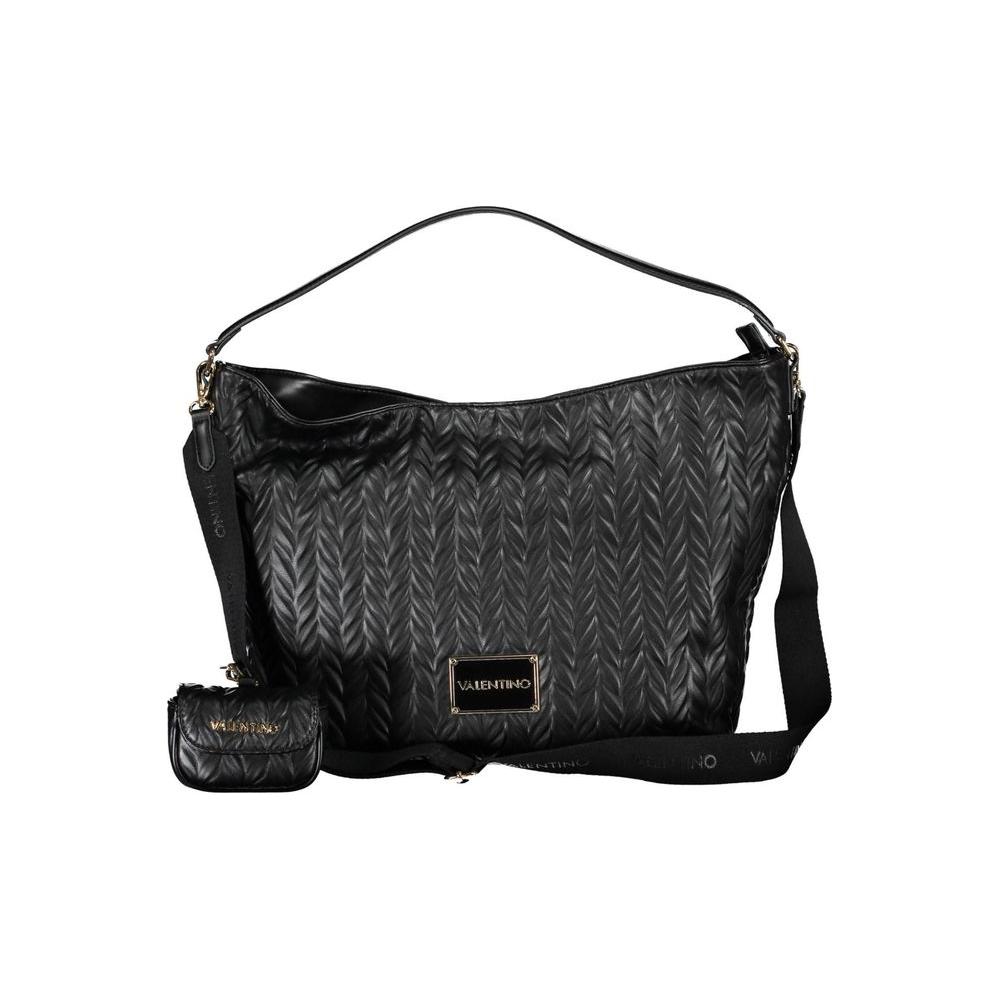 Valentino black polyethylene handbag with adjustable strap, zip closure, internal phone holder, and recycled materials.