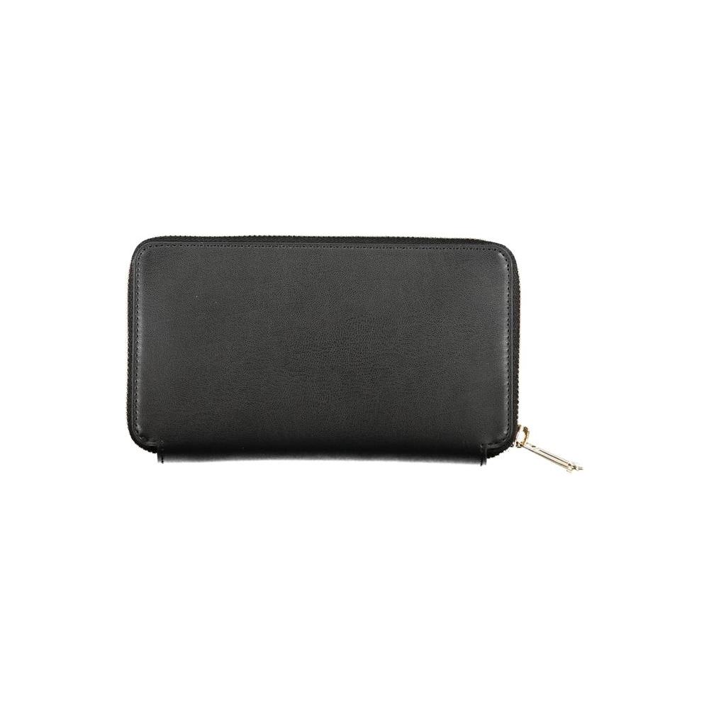 Tommy Hilfiger black polyethylene wallet with zip closure, four compartments, coin purse, and double card spaces.