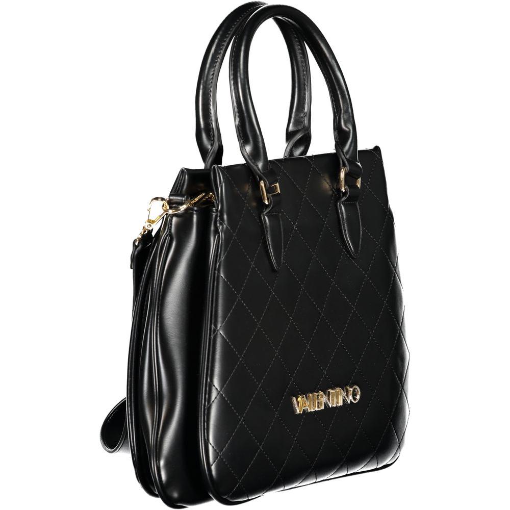 Valentino Bags black handbag with quilted design, dual handles, gold logo, and multiple compartments for organization.