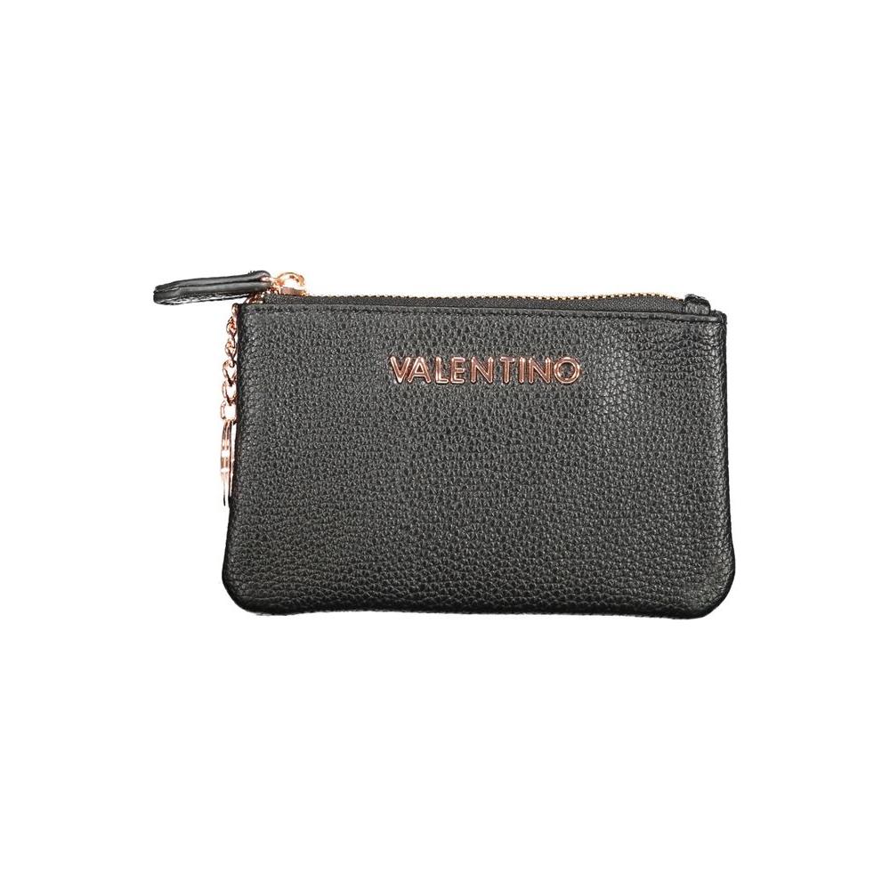 Valentino black polyethylene wallet with zip closure, logo, card spaces, internal chain key ring, made from recycled materials.