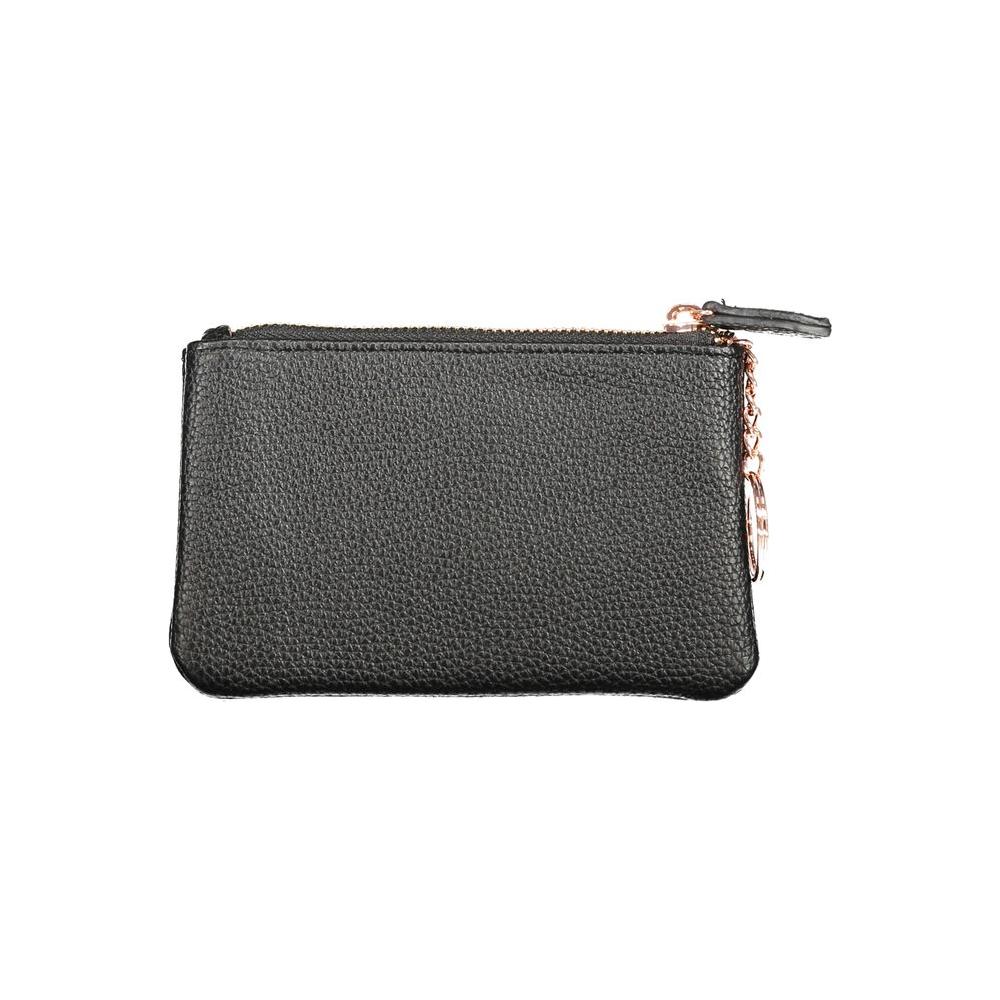 Valentino Bags black polyethylene wallet with internal card slots, key ring chain, and zip closure. Eco-friendly and recycled material.
