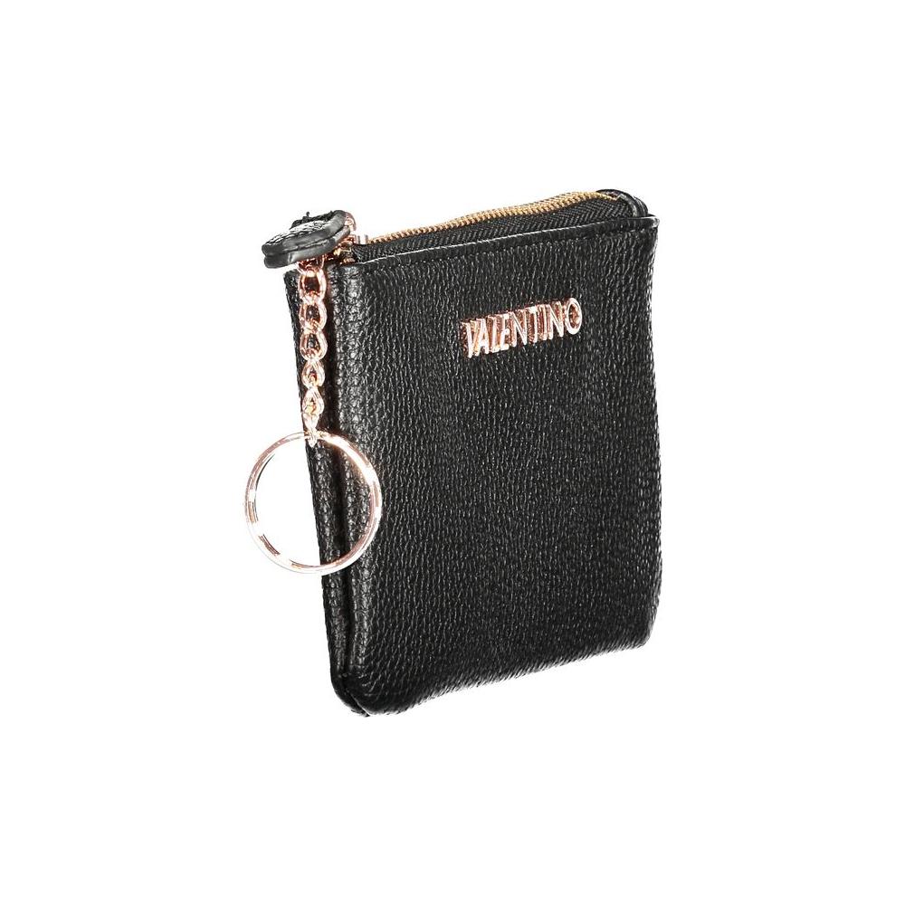 Valentino black polyethylene wallet with card slots, internal key ring chain, zip closure, and logo made from recycled materials.