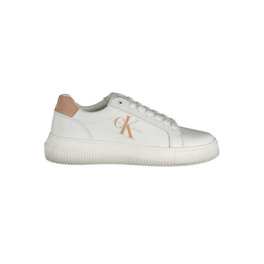 Calvin Klein white leather women's sneaker with pink accents and logo, crafted from 50% recycled polyester for sustainable fashion.