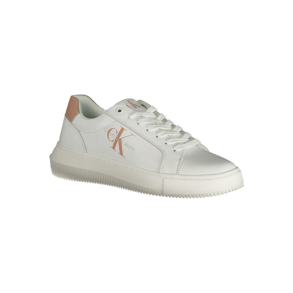 Calvin Klein white leather women's sneaker with pink accents and logo, eco-friendly design, blending style and comfort for streetwear fashion.